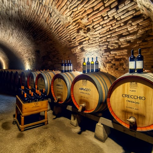 Un'immagine di una sala di degustazione di una cantina con bottiglie di vino in esposizione e cicogne affrescate sulle pareti.