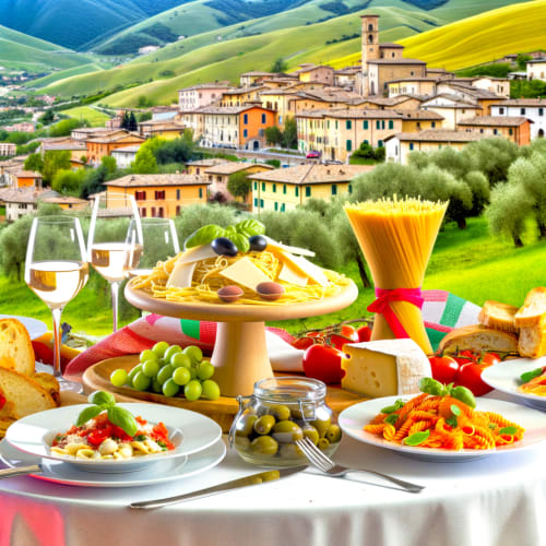 Un'immagine di una tavola imbandita con piatti tradizionali abruzzesi colorati e invitanti.