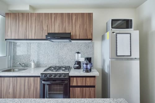Cocina moderna en Pares Homes CDMX con gabinetes de madera, encimera de granito, estufa a gas y electrodomésticos de acero inoxidable.