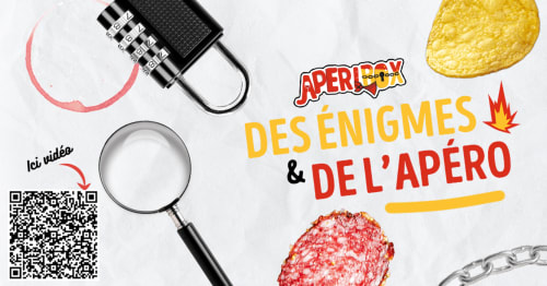 Banneau promotionnel Apéritox avec énigmes, jeux d'apéritif, accessoires de puzzle et snacks pour l'hôtel Les Deux Porches
