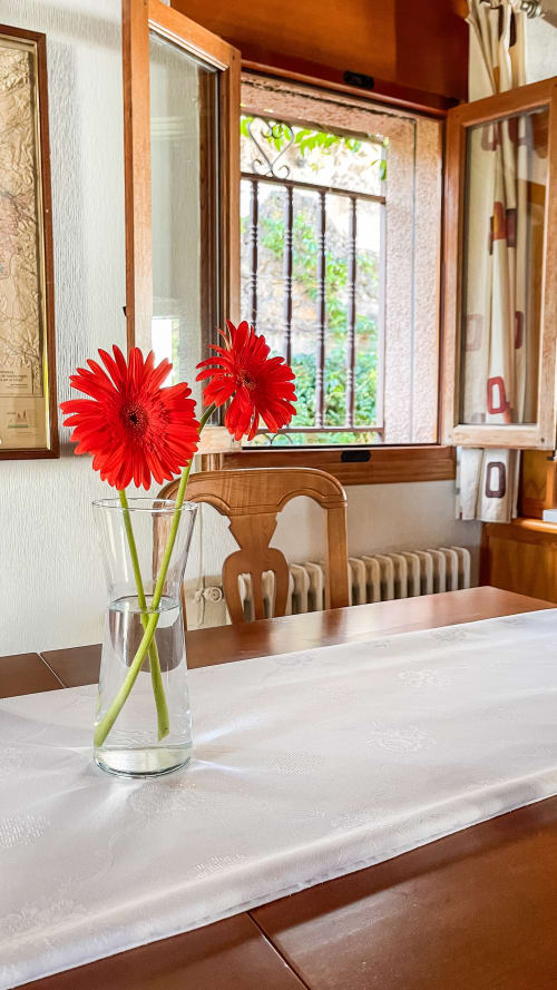 Comedor luminoso con dos flores de gerbera roja en jarrón de vidrio, muebles de madera y vistas al jardín en Casa Rural Villa del