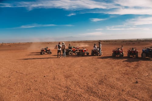 Group on quad bikes in desert near Marrakech, Morocco adventure experience