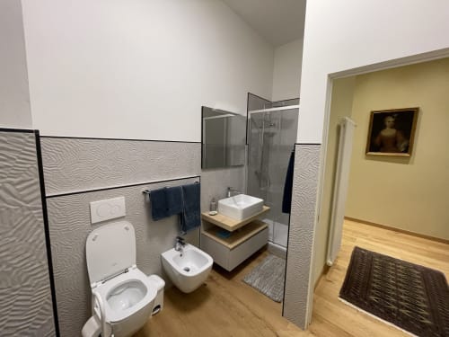 Bagno moderno dell'appartamento Saint Michel a Gorizia con WC, bidet, box doccia e mobile in legno