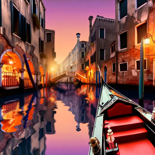 Una foto di una gondola con il gondoliere che rema attraverso un pittoresco canale veneziano.