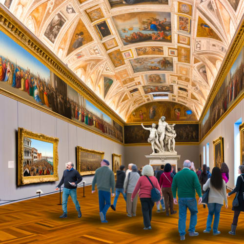 Una foto di una sala di un museo veneziano piena di quadri rinascimentali