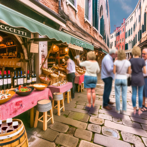 Una foto di piatti di cicchetti veneziani colorati e bicchieri di vino rosso