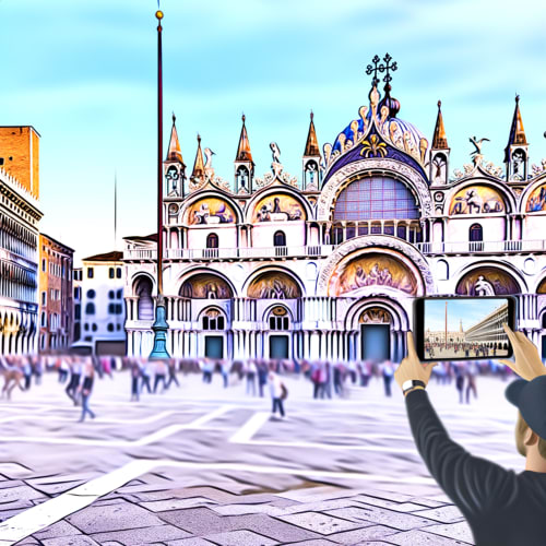 Una foto della Basilica di San Marco con la Piazza San Marco affollata di turisti