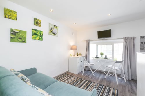 Modern studio apartment at Azur Studios Cannes featuring turquoise sofa, dining area, kitchenette, and green nature artwork