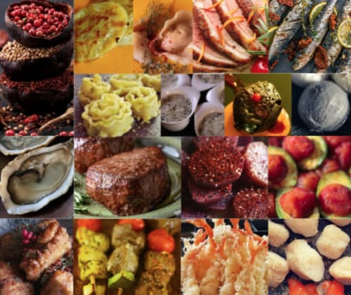 Gourmet French cuisine collage featuring fresh seafood, meats, pastries and produce at Domaine de l'Ocrerie, Pourrain