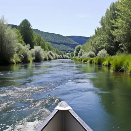 Canoë sur le gave d'Ossau avec les montagnes en arrière-plan