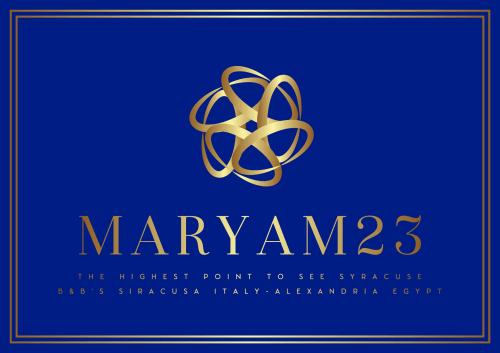 Maryam 23 B&B logo with gold atom symbol on blue background, Siracusa Italy