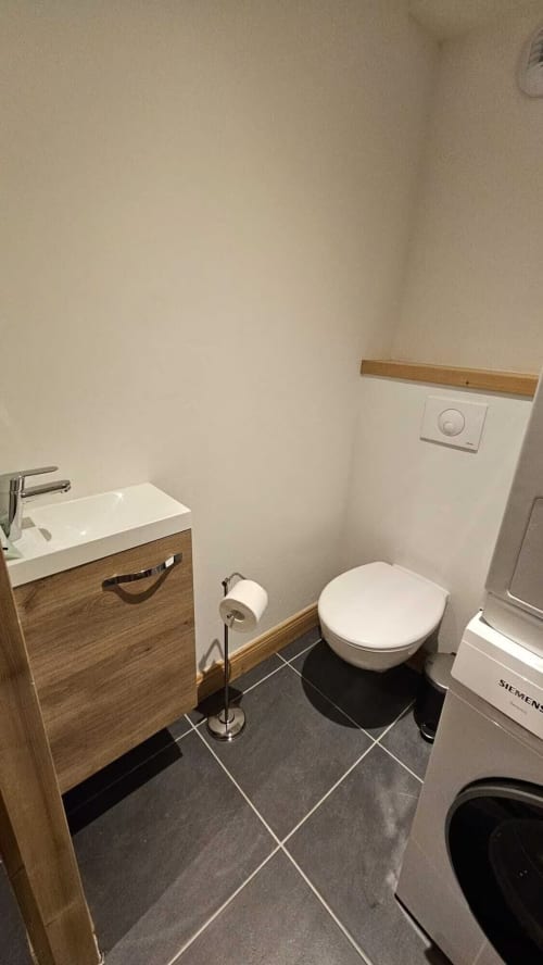 Salle de bain moderne avec vanité en bois, toilettes murales et carrelage foncé à l'hôtel L'écrin des sapins à Aime-la-Plagne