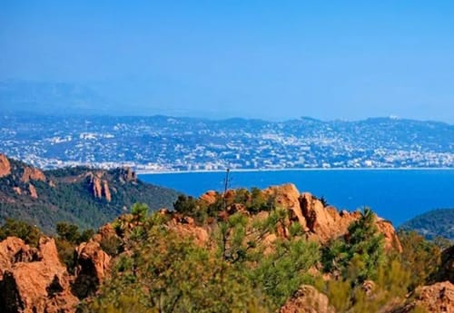Roches rouges et pins surplombant la Méditerranée près de Taradeau, France
