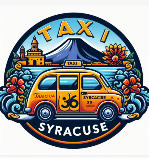 Colorful Taxi Syracuse logo with vintage car and Mount Etna for Maryam 23 guesthouse