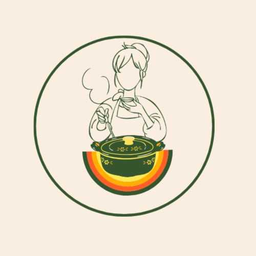 Femme illustrée cuisinant avec une casserole verte à la Maisonaurinko B&B à Thénon, France