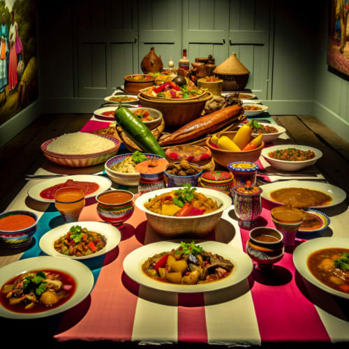 Table avec plats colorés de cuisine créole