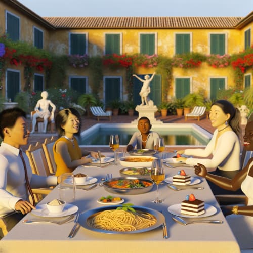 Intimate dinner with garden view, gourmet dishes elegantly presented.