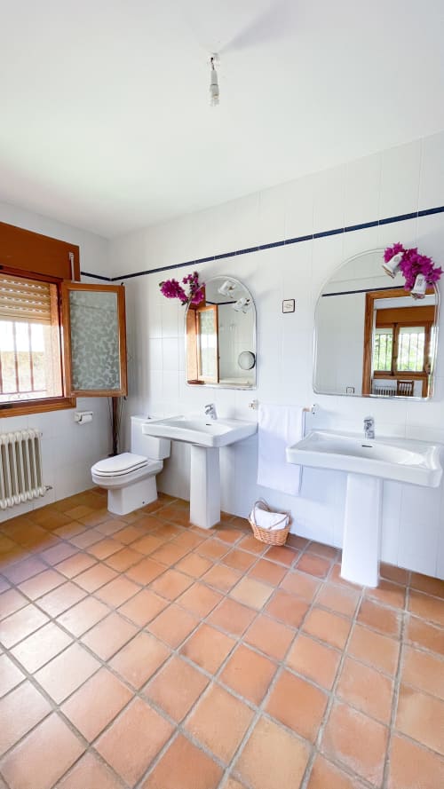 Baño espacioso de Casa Rural Villa del Jerte con doble lavamanos, espejos, baldosas de terracota y flores magenta