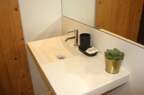 Pia moderna com torneira cromada, dispenser preto de sabonete e suculenta em vaso dourado nas Suites VAGO Alcântara