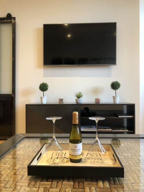 Élégant séjour d'appartement à Beaune avec TV murale, étagères noires, bouteille de vin, verres et plantes décoratives