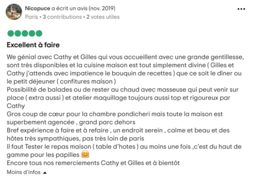 Avis cinq étoiles pour la Domaine de l'Ocrerie B&B à Pourrain louant les hôtes Cathy et Gilles