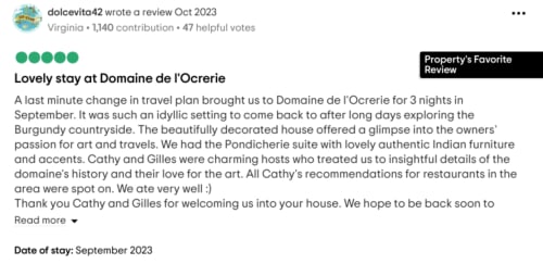 Avis cinq étoiles pour le Domaine de l'Ocrerie, un charmant bed & breakfast en Bourgogne à Pourrain, France par dolcevita42