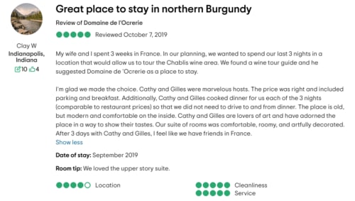 Avis cinq étoiles de Domaine de l'Ocrerie, un charmant bed and breakfast bourguignon à Pourrain, France
