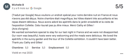 Avis 5 étoiles Google de Michelle B pour le Domaine de l'Ocrerie à Pourrain, France, louant la belle chambre et l'hospitalité