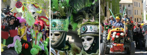 Celebraciones del carnaval de Lourmarin con carrozas coloridas, máscaras y decoraciones festivas en la calle.