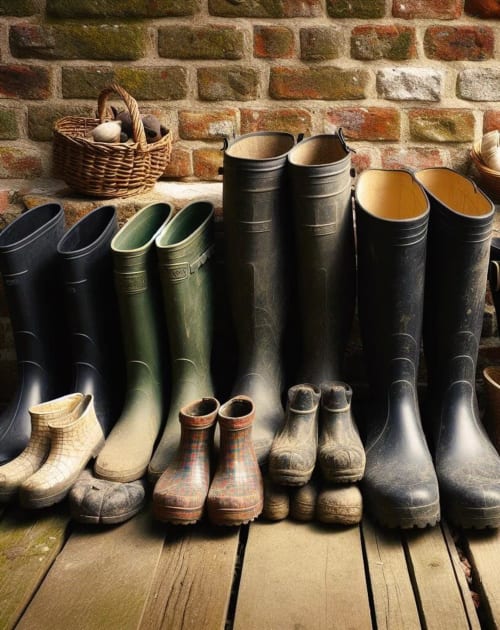 The boots of the Delamare family, owners of the gîtes La Moussette and La Clozette, near Etretat