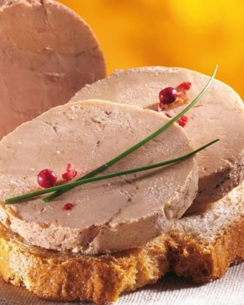 Plakken foie gras terrine met toast en rode aalbesgarnering bij Domaine De Campagnac, Carsac-Aillac