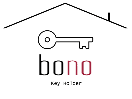 Logo portachiavi Bono con tetto di casa e chiave vintage, hotel Stella CasaBono a Sulmona