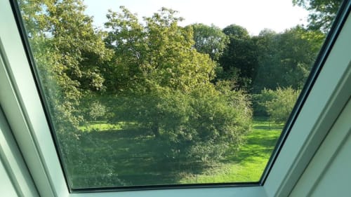 Vue sur le jardin depuis la chambre Clématites au Clos du Buisson, Saint Aubin sur Gaillon, avec arbres verdoyants et pelouse luxuriante