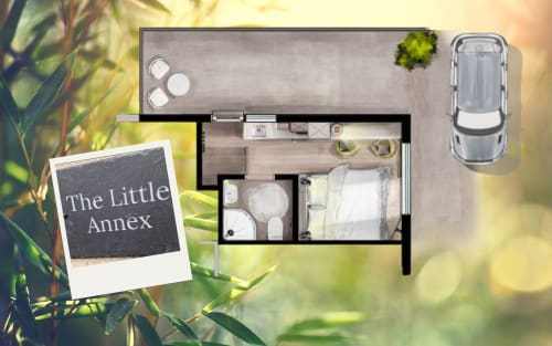The Little Annex Horsham apartment floor plan showing bedroom, bathroom, kitchenette, and parking with car icon.