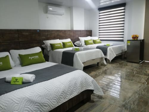 Habitación moderna del Hotel Maderos Cali con múltiples camas, almohadas verdes Ayenda, cabecero de madera oscura y ventana con rayas