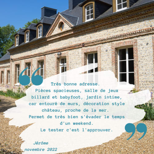 Avis client Manoir de Briquedalles : Très bonne adresse. Pièces spacieuses, salle de jeux billard et babyfoot, jardin intime, car entouré de murs, décoration style château, proche de la mer. Permet de très bien s'évader le temps d'un week-end. Le tester c'est l'approuver ! Jérôme, novembre 2022
