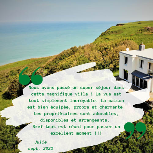 Avis client Villa le Rayon Vert : Nous avons passé un super séjour dans cette magnifique Villa ! La vue est tout simplement incroyable. La maison est bien équipée, propre et charmante. Les propriétaires sont adorables, disponibles et arrangeants. Bref tout était réuni pour passer un excellent moment !!! Julie, septembre 2022