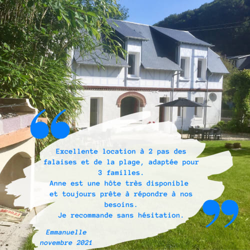 Customer Review for Villa Mathilde: "Excellent rental just steps from the cliffs and the beach, suitable for 3 families. Anne is a very available host and always ready to meet our needs. I recommend without hesitation. Emmanuelle, November 2021"