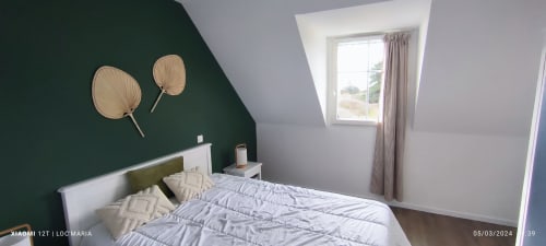 Chambre moderne de l'appartement Locmaria avec mur d'accent vert, lit blanc, palmiers décoratifs et fenêtre de toit avec jardin