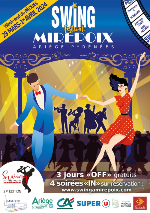 Affiche du Festival Swing de Mirepoix : danseurs en tenue années 1950 et orchestre live, 29 mars-1er avril 2024 en Ariège