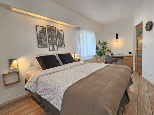 Σύγχρονο υπνοδωμάτιο στο Domaine à l'Aise B&B στο Saint-Pargoire με κρεβάτι queen, γραφείο, περιβάλλον φωτισμό και θέα στον κήπο