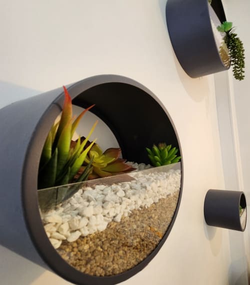 Circular wall planter with succulents and white pebbles at Domaine à l'Aise, Saint-Pargoire