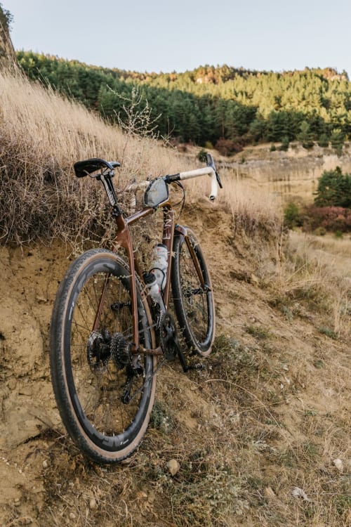 Vélo de gravel sur sentier terreux avec forêt en arrière-plan près de Cognac, France