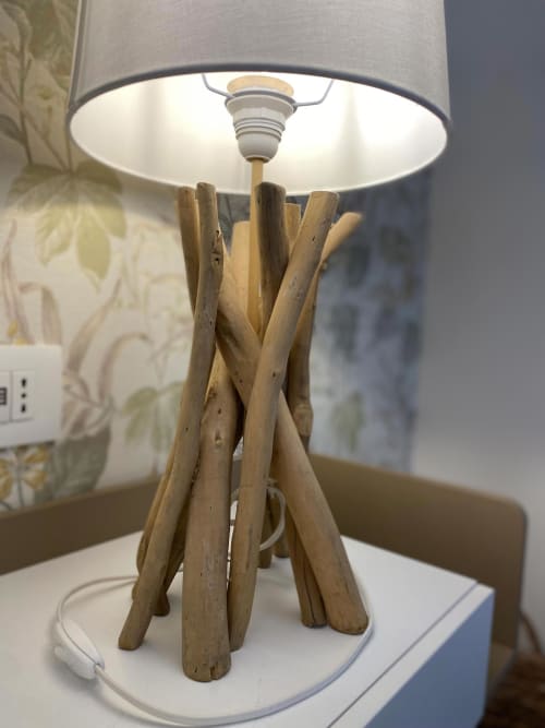 Rustic wooden stick table lamp with cream shade at Verdolivo B&B in Sale Marasino