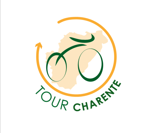 Logo du Tour Charente avec roues de vélo sur la carte de la Charente, Cognac France