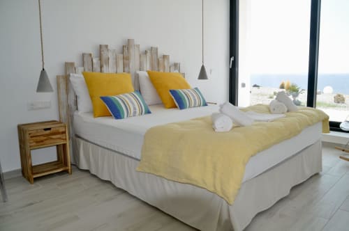 each room of the dream cave villa for rent will bring you comfort, calm, rest and a view of the Aegean Sea; each has its own bathroom.