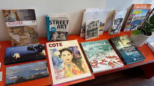 Collection de guides de voyage et livres d'art de Marseille exposés sur une étagère orange à la boutique La Luna bed and breakfast.