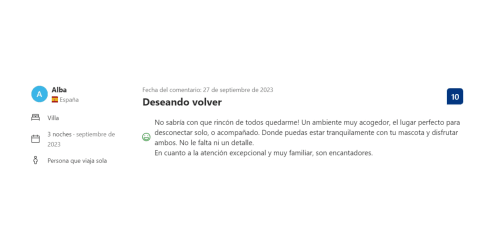 Reseña de Alba sobre Casa Rural Villa del Jerte elogiando su ambiente acogedor y servicio excepcional en El Torno