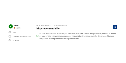 Reseña de 5 estrellas de Pablo sobre Casa Rural Villa del Jerte, elogiando la jacuzzi, la barbacoa y la excelente hospitalidad en El Torno