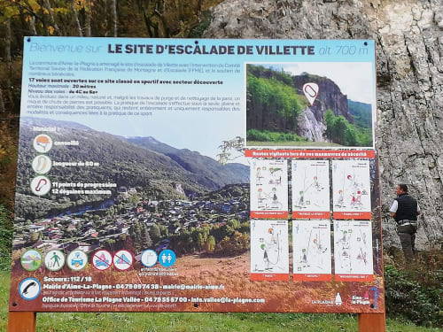 Information sign for Villette climbing site at 700m near Aime la Plagne, France